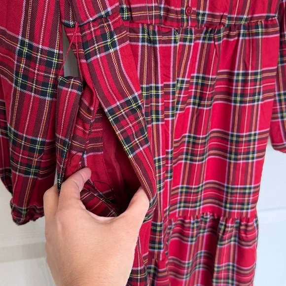 Lands’ End Red Plaid Button-Front Maxi Dress with Tie Waist & Pockets - Picture 3 of 4